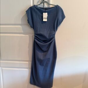 ZARA Dusty Blue Gathered-Waist Midi Dress